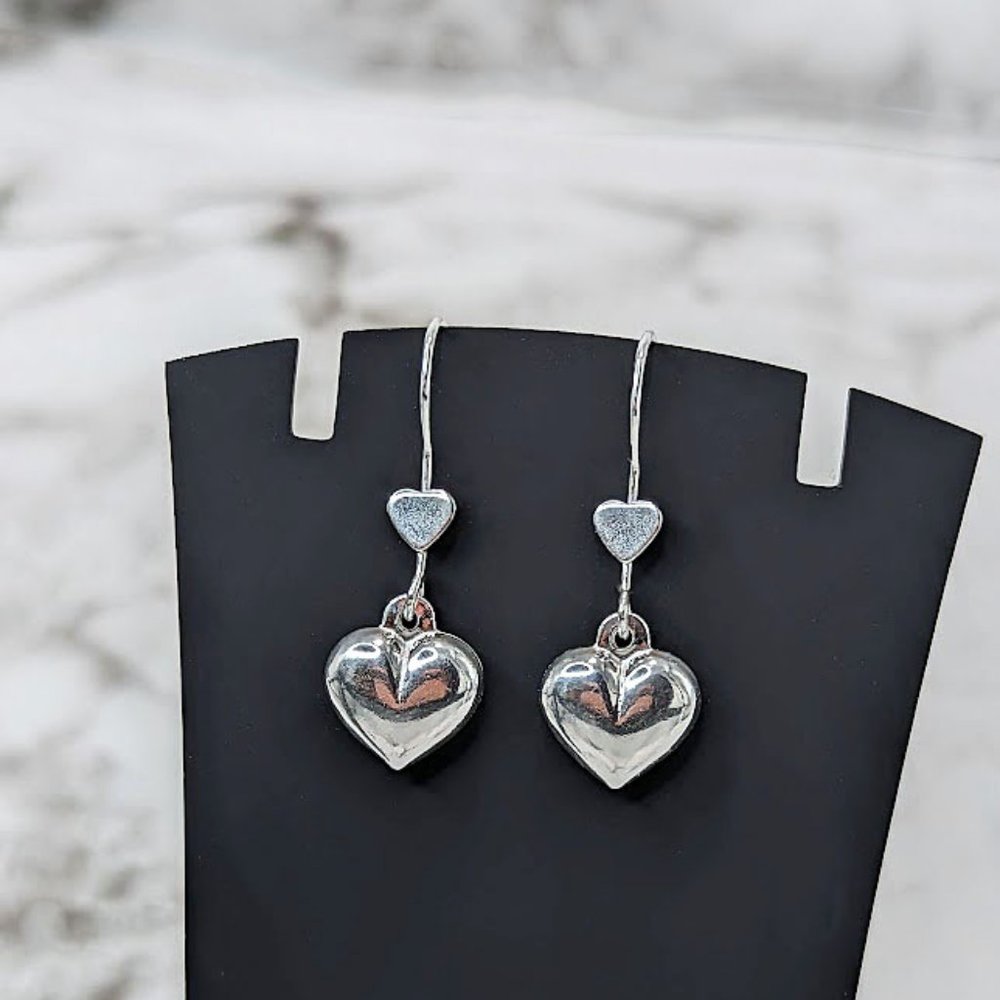 925 Sterling Silver Filled Double Puffy Heart Dangle Earrings